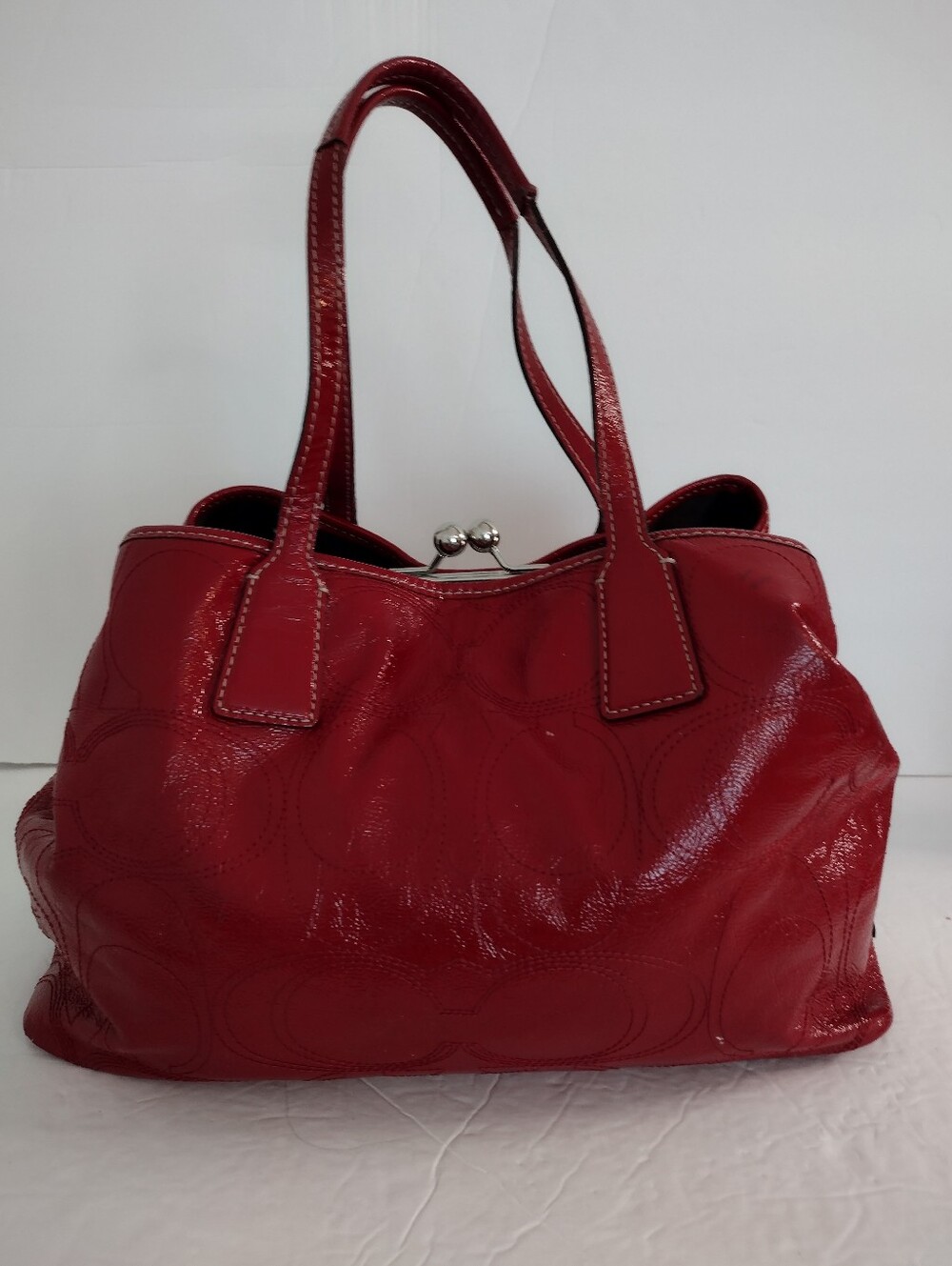 Vintage Y2K Coach Red Patent Leather Kiss Lock Carryall Tote Shoulder Bag F15658 - Picture 6 of 15